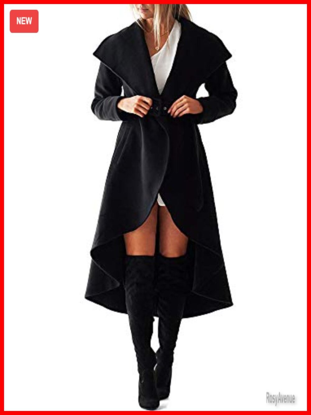 Wool Blend Trench Coat Wrap Collar High Low Hem Belted Winter Outerwear